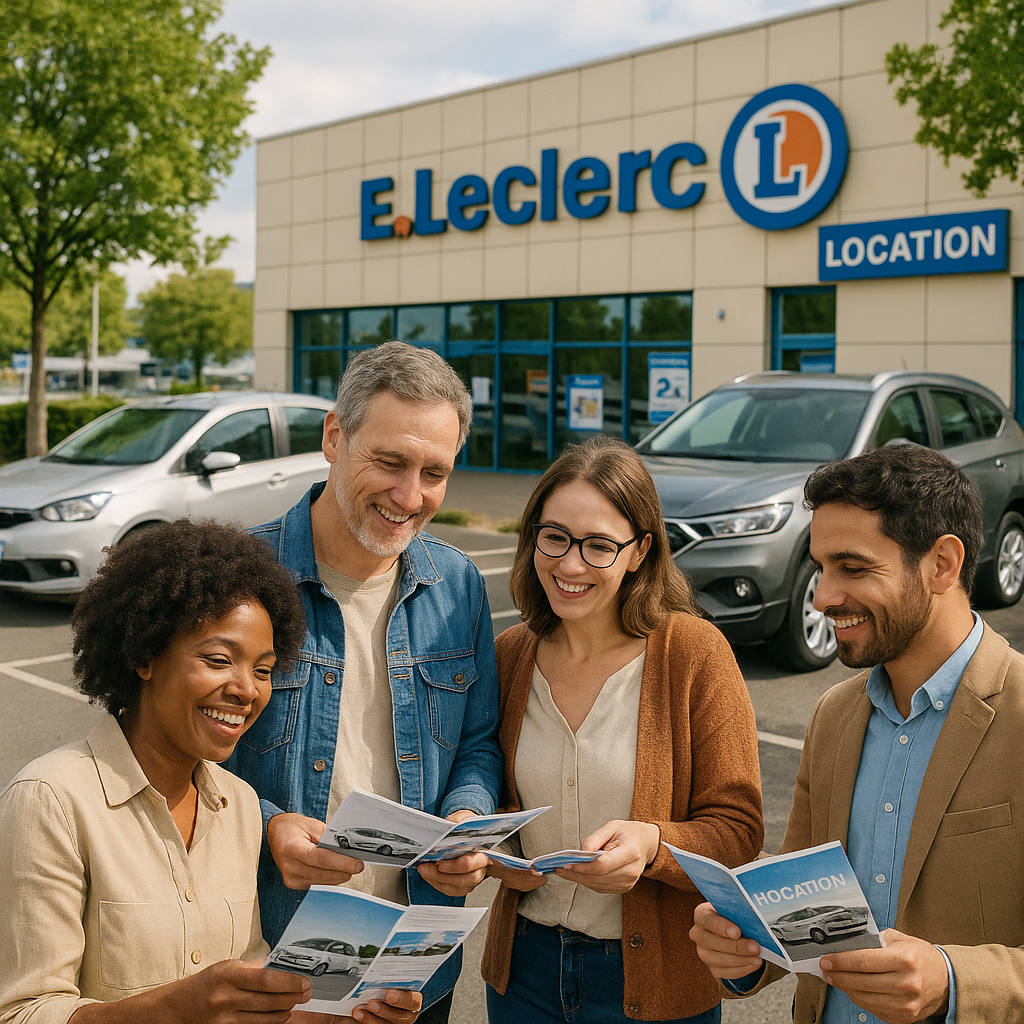 Groupe de personnes examinant des brochures de location de voitures devant un magasin E.Leclerc.