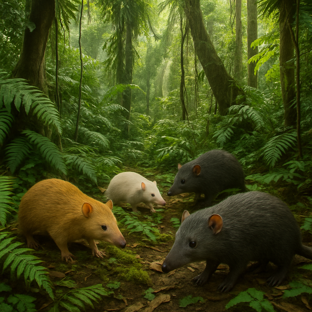 Un groupe de hérissons sans piquants évoluant au sein d'une forêt tropicale d'Asie du Sud-Est, mettant en avant leur camouflage naturel.