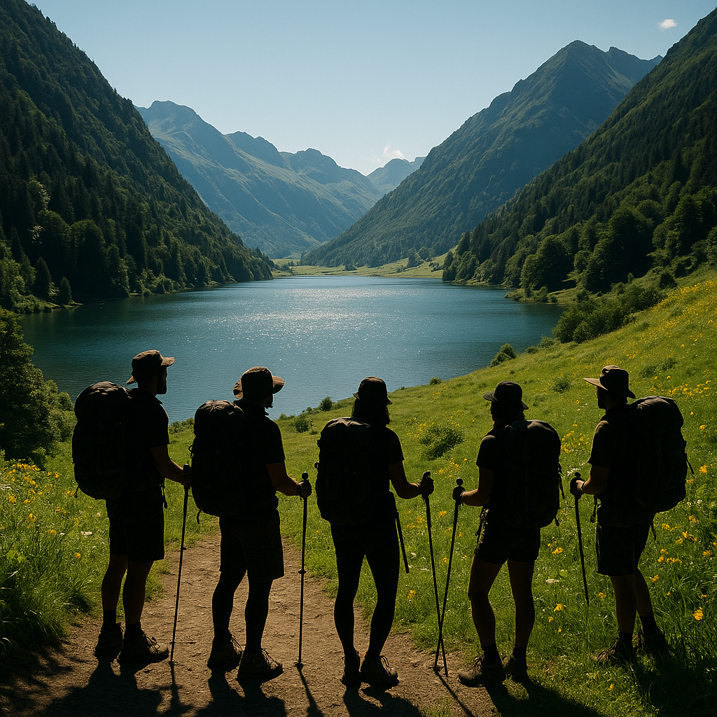 Groupe de randonneurs prenant une pause sur un sentier avec vue sur le lac d'Estaing et les montagnes en arrière-plan.