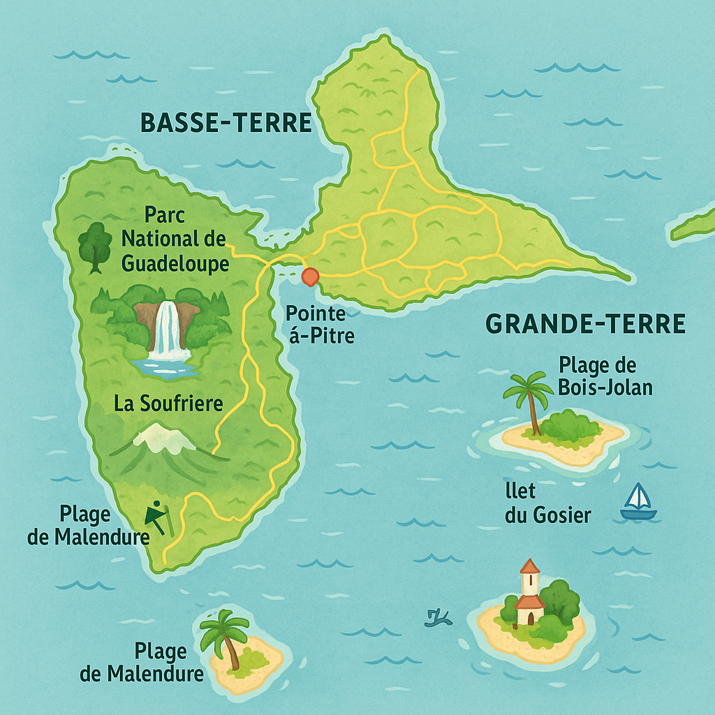 Carte des attractions touristiques de la Guadeloupe incluant Basse-Terre et Grande-Terre.