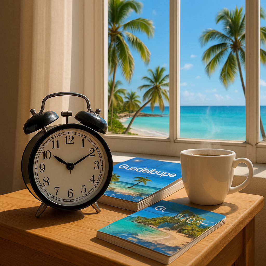 Réveil matin sur une table de nuit avec vue sur une plage tropicale en Guadeloupe.