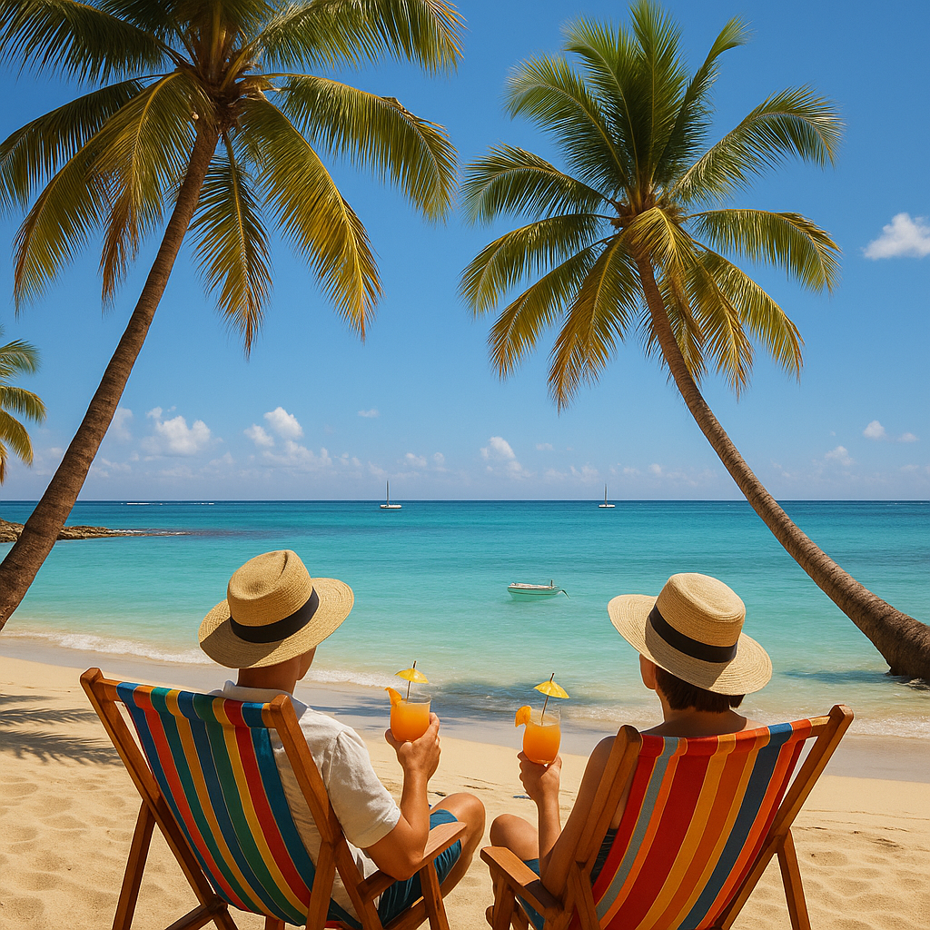 Vacanciers profitant d'une plage ensoleillée en Guadeloupe, ambiance relaxante.