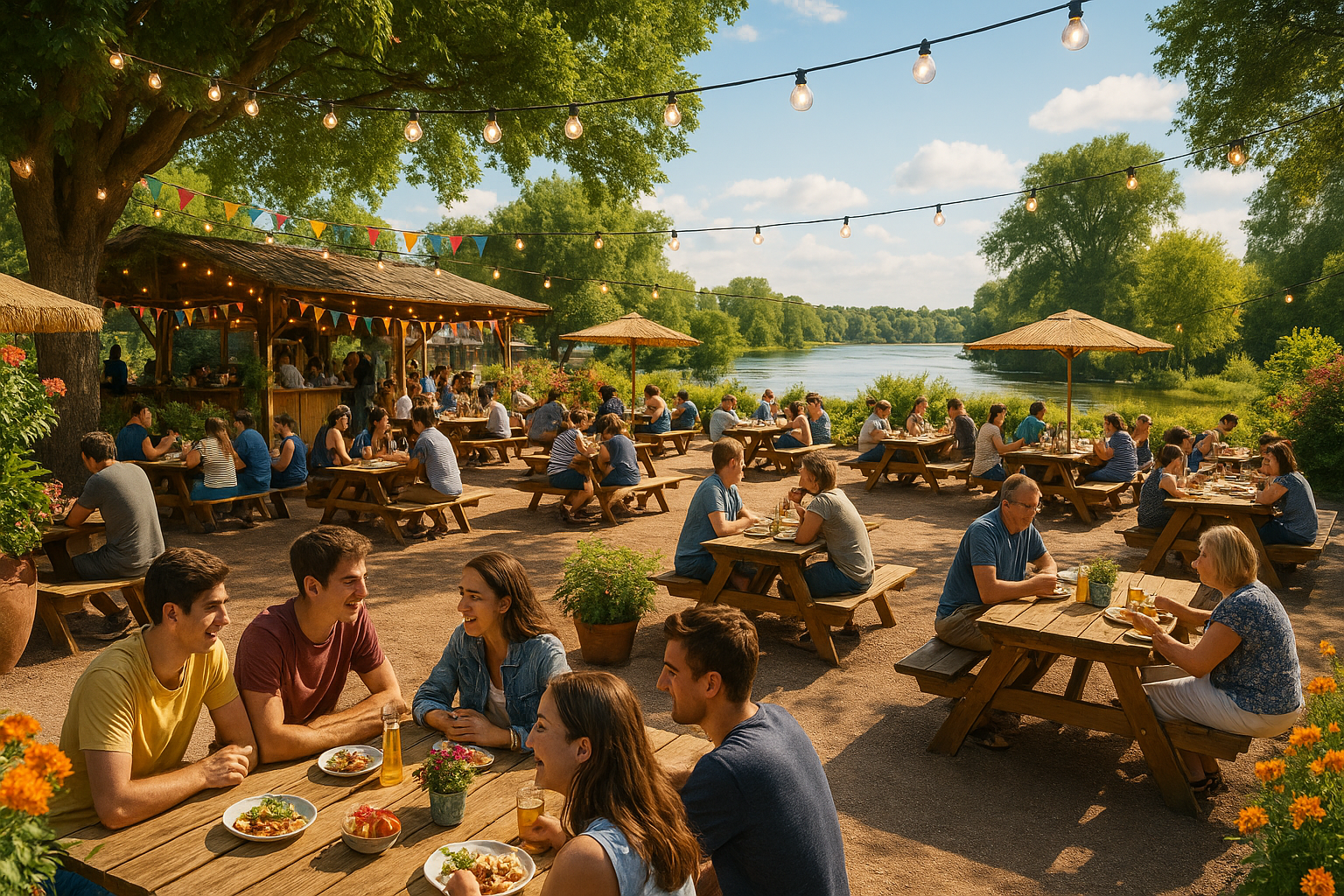 Vue de la Guinguette de Rochecorbon au bord de la Loire avec des clients profitant d'un repas en pleine nature.