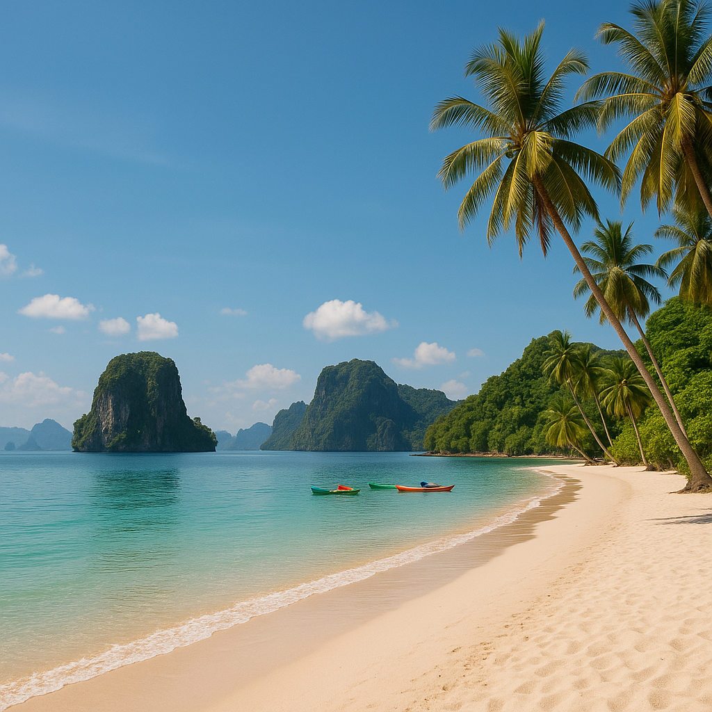 Plage de Hat Yao à Koh Yao Noi avec sable blanc, mer turquoise et collines verdoyantes.