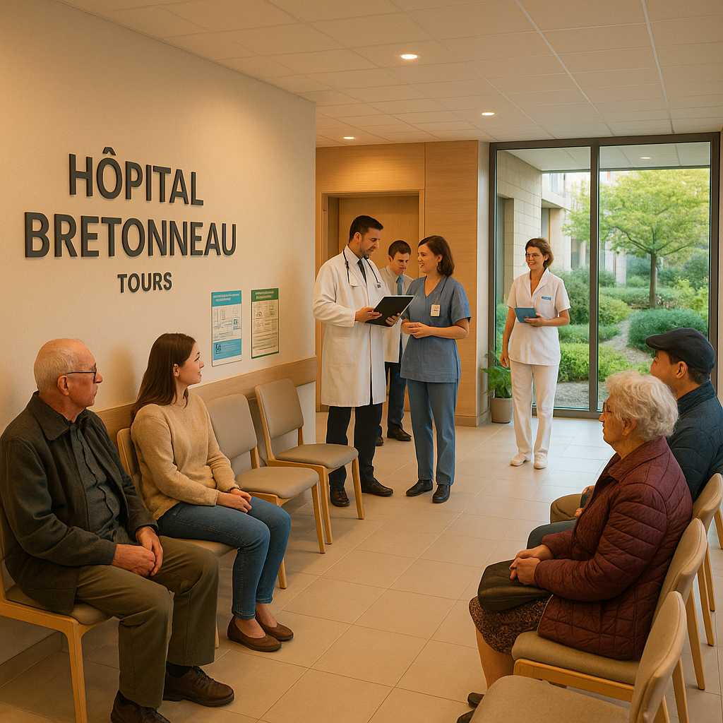 Intérieur moderne de l'Hôpital Bretonneau à Tours, avec des patients et du personnel médical.