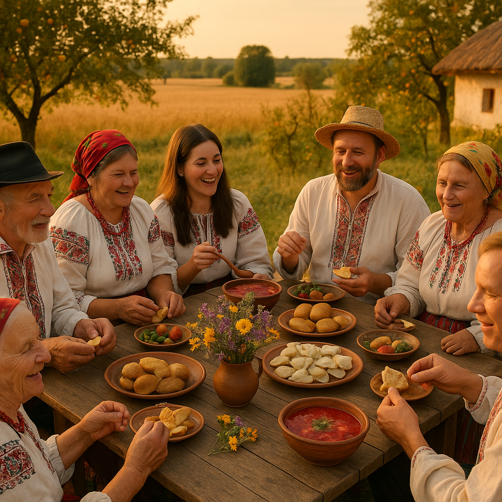 Villageois de Horile partageant un repas traditionnel en plein air, devant des champs de blé et des arbres fruitiers, illustrant l'hospitalité rurale ukrainienne.