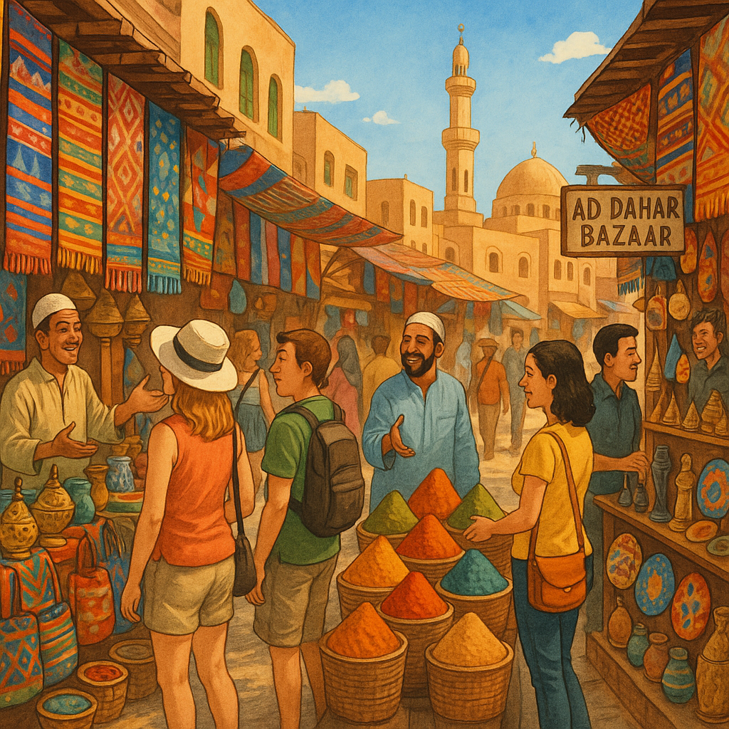 Bazar d'Ad Dahar à Hurghada avec des étals colorés et des visiteurs découvrant des produits artisanaux.