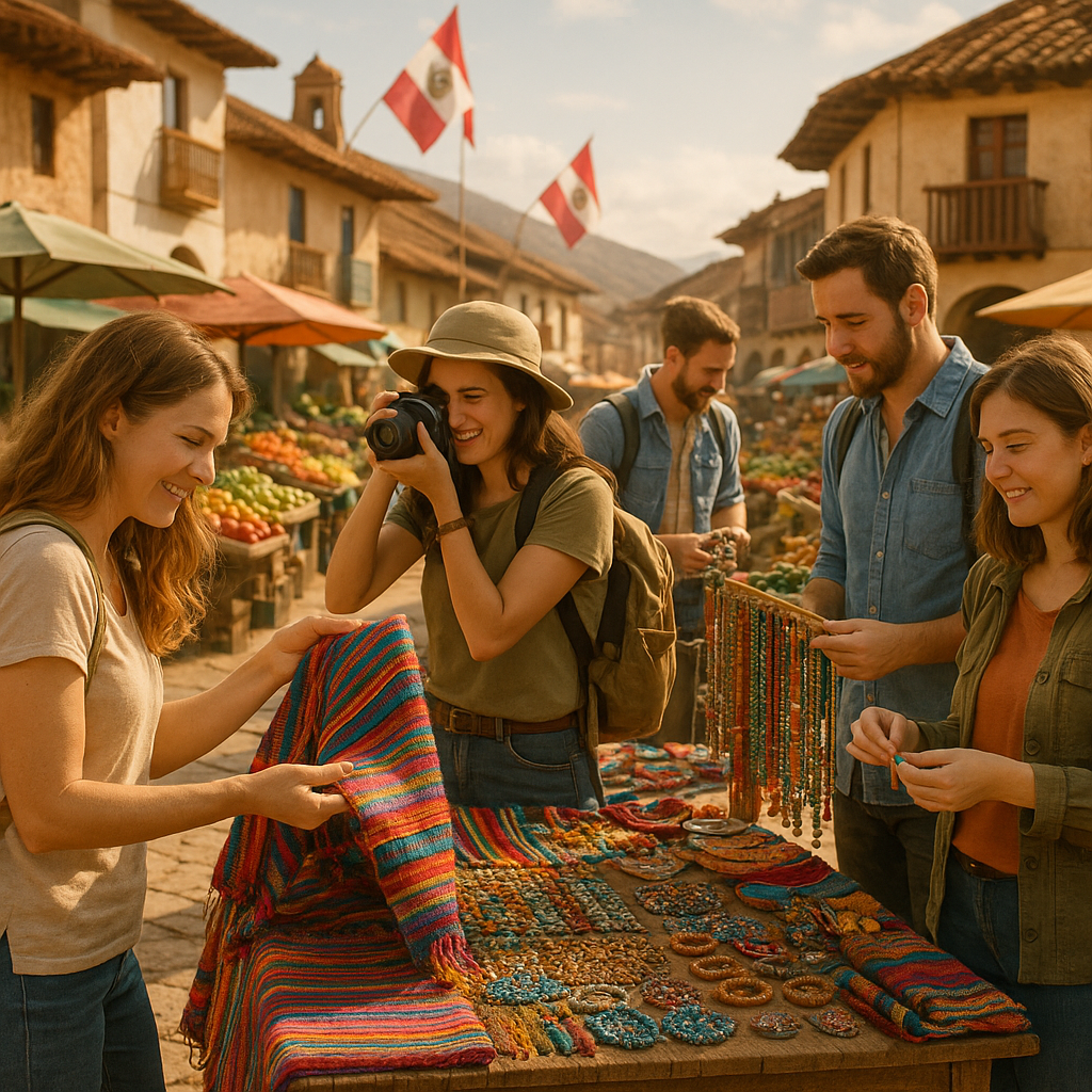 Groupe de voyageurs explorant un marché local, interagissant avec des artisans et photographiant des produits artisanaux.