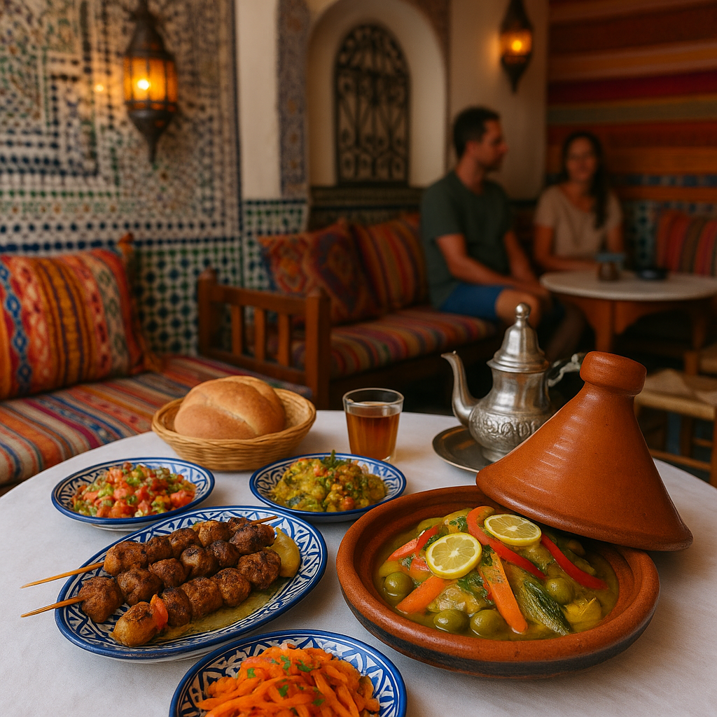 Repas typique marocain avec tagine de poisson, brochettes et décor local à Imsouane.