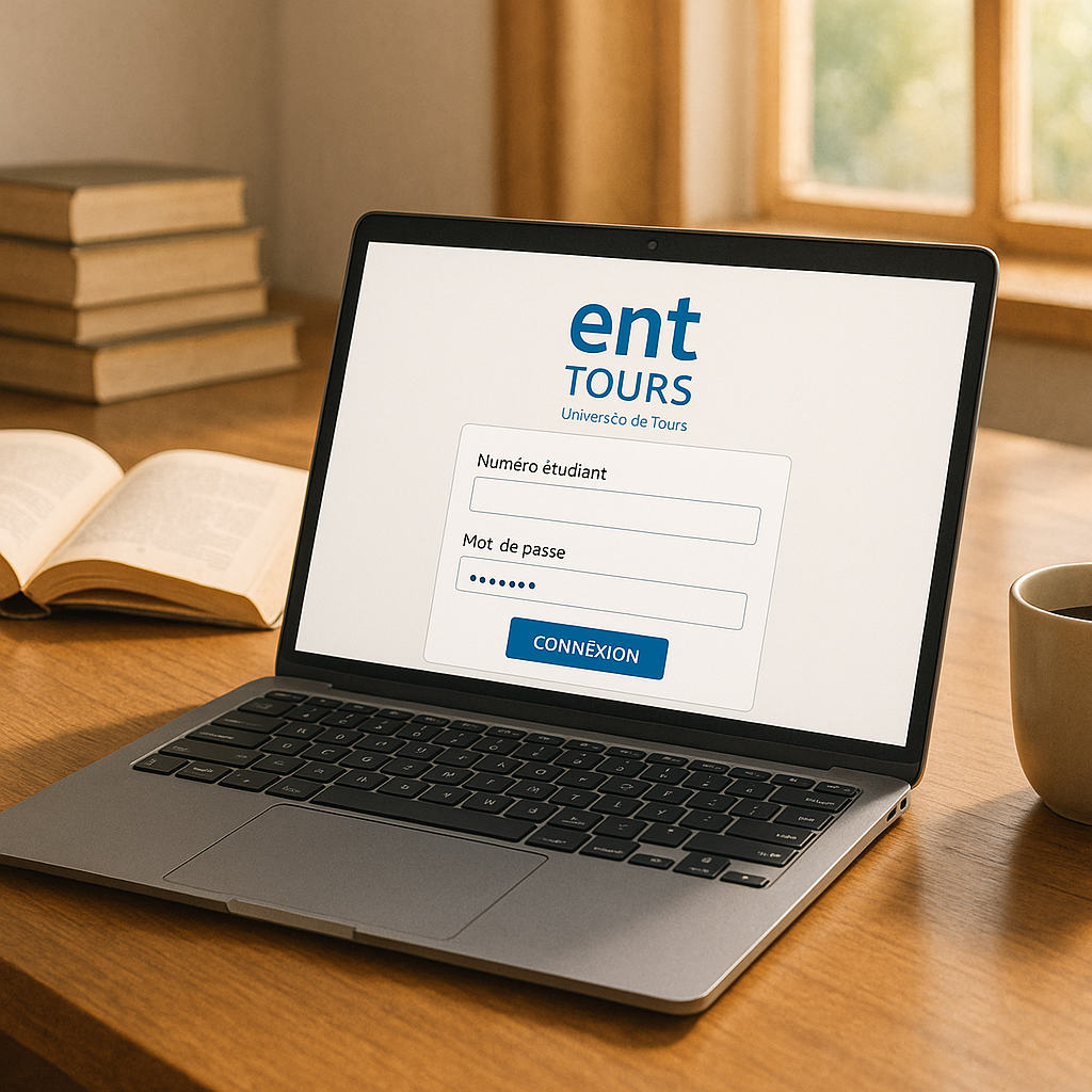 Écran d'ordinateur affichant la page de connexion de l'ENT Tours avec un environnement de travail accueillant.