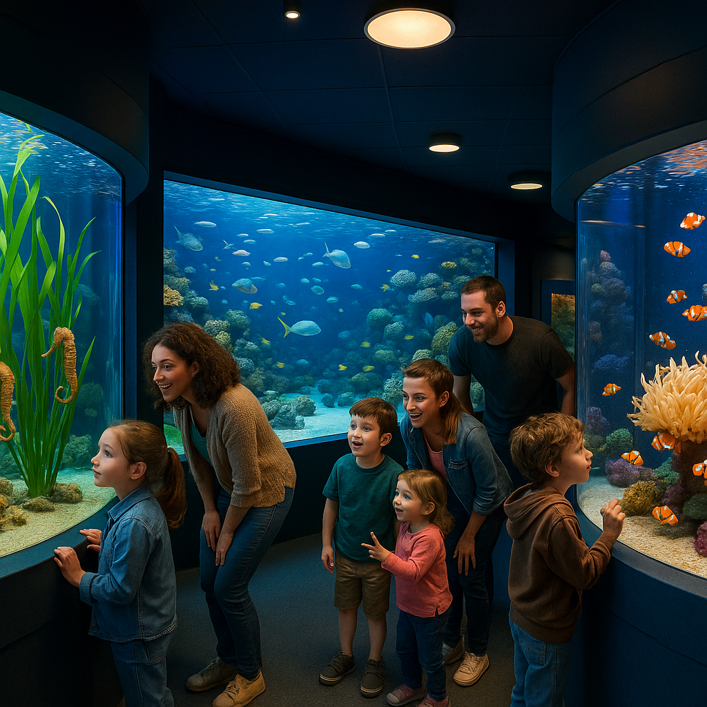 Une vue de l'Aquarium de Vendée montrant des visiteurs découvrant des hippocampes et des poissons clowns dans des aquariums.