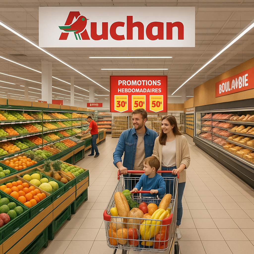 Intérieur de l'hypermarché Auchan avec des rayons de produits frais et des clients faisant leurs courses.