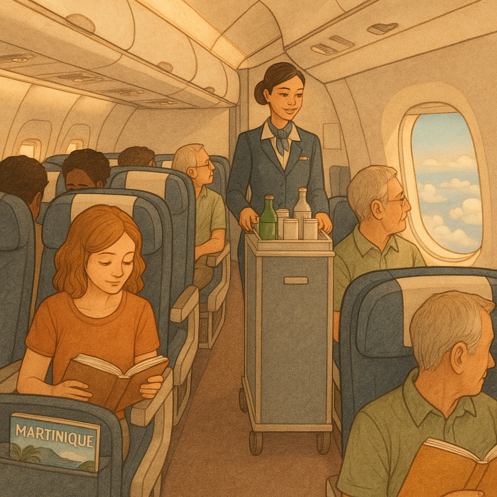 Intérieur d'un avion avec passagers confortablement installés en vol vers la Martinique, observant les nuages par la fenêtre.