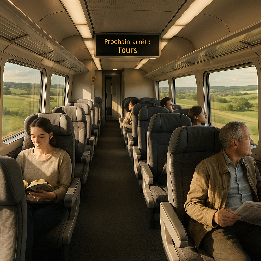 Intérieur d'un train moderne entre Paris et Tours avec des passagers détendus et un paysage de campagne visible à travers les fenêtres.