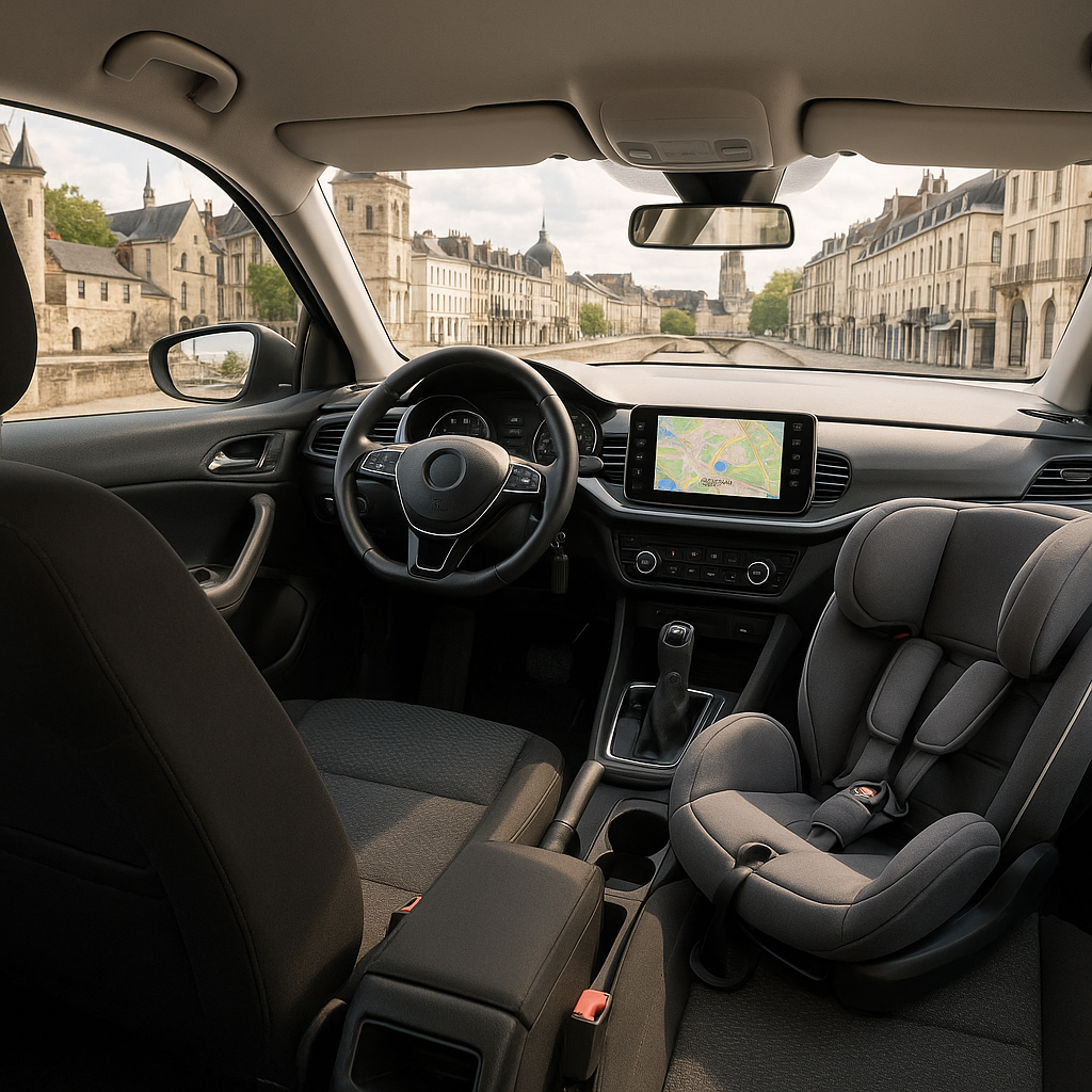 Intérieur d'une voiture de location avec un siège enfant et un GPS montrant une destination à Tours.