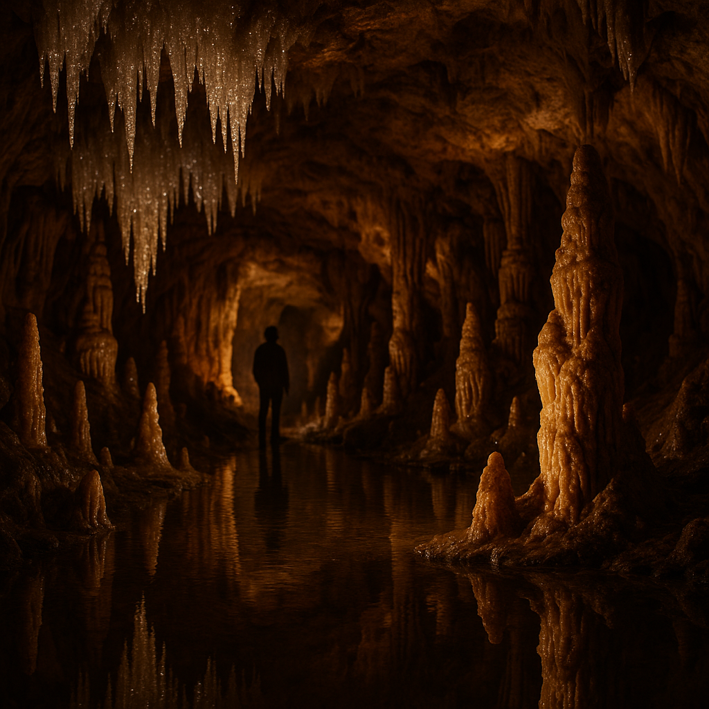 Intérieur des Grottes de Medous avec stalactites et stalagmites illuminées dans une ambiance mystérieuse.