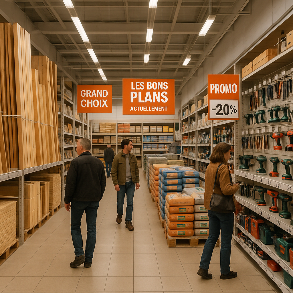 Intérieur du magasin Leroy Merlin Tours Nord, montrant un large éventail de produits de bricolage avec des clients explorant les allées.