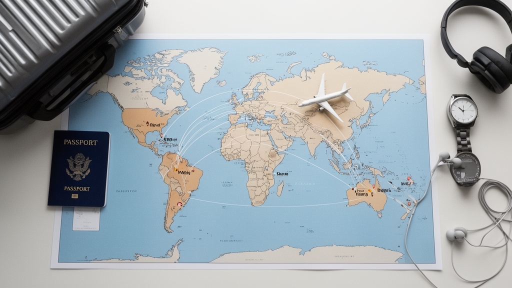 Carte de voyage avec itinéraires aériens entre plusieurs villes françaises et la Thaïlande