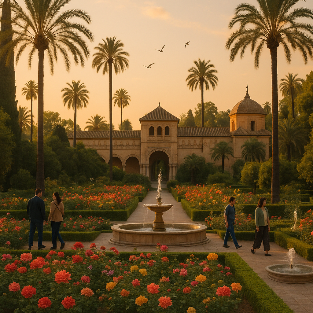 Jardin de l'Alcazar à Séville avec palmiers, roseraies et visiteurs admirant la beauté du jardin.