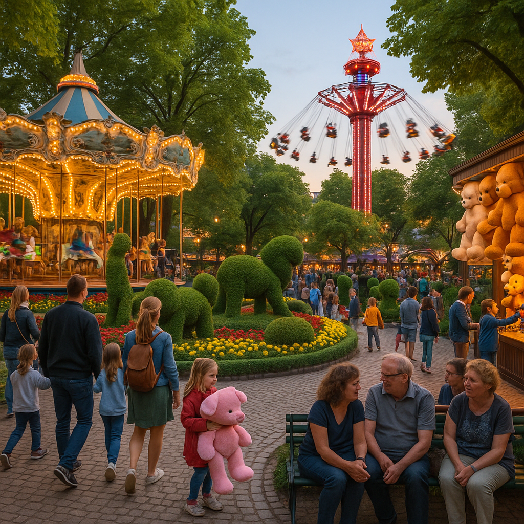 Scène dans les jardins de Tivoli à Copenhague avec des visiteurs s'amusant parmi les manèges et les sculptures florales.