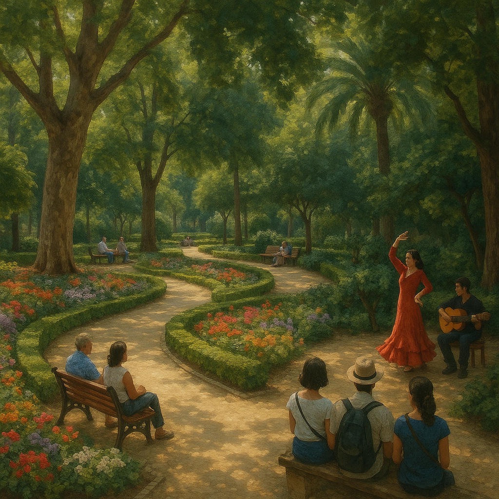 Scène dans les Jardins de Murillo à Séville avec des sentiers fleuris, des visiteurs détendus et un spectacle de flamenco.