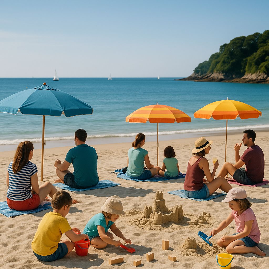Scène de familles se détendant sur la plage de Kerfany avec enfants jouant et parasols colorés.