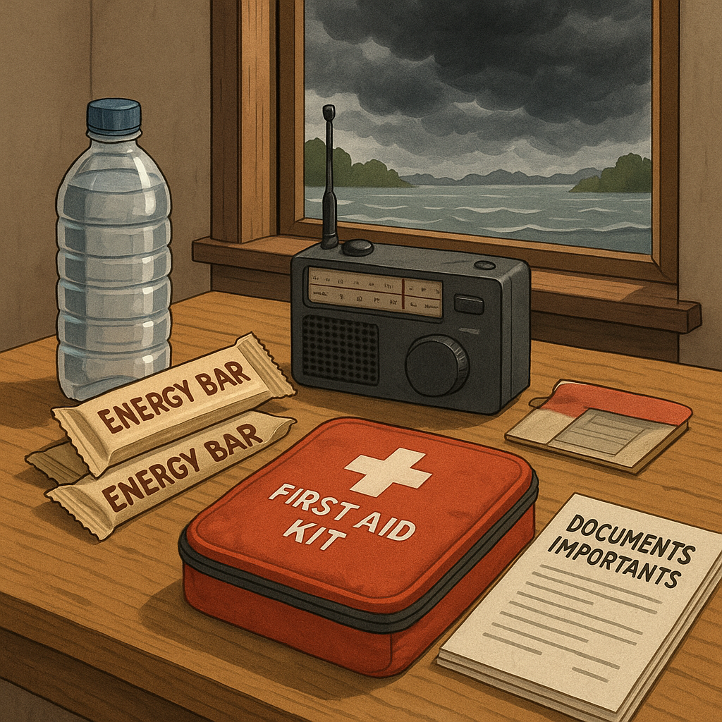 Vue d'un kit d'urgence préparé pour faire face aux crues, incluant des bouteilles d'eau et une trousse de premiers secours.