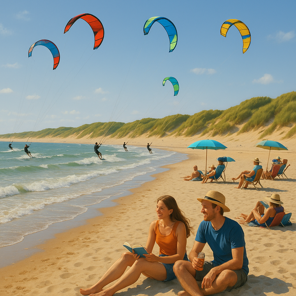Groupe d'amis kitesurfant sur une plage ensoleillée du Nord de la France, scènes d'activités nautiques et détente sur le sable.
