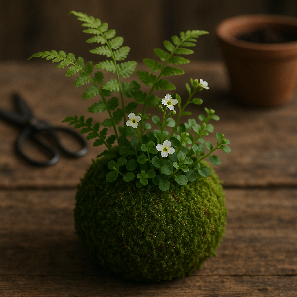 Kokedama sur une table en bois avec des fougères et des fleurs, ambiance naturelle.