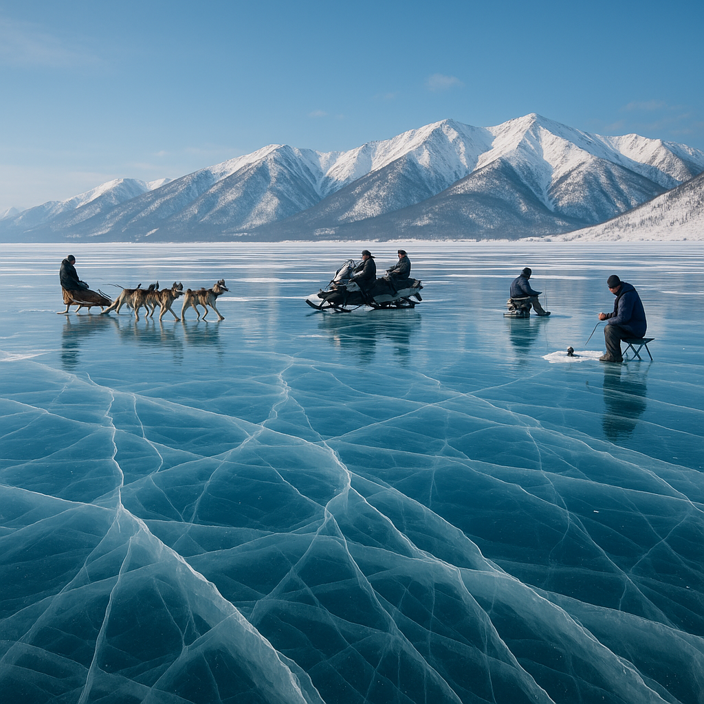 Scène hivernale au lac Baïkal avec des traîneaux à chiens sur la glace et des montagnes enneigées en arrière-plan.