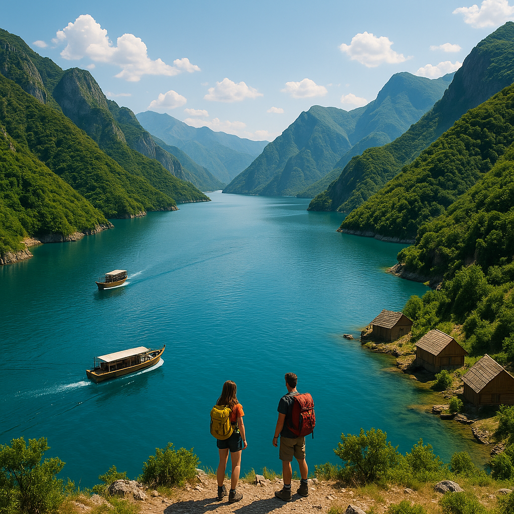 Vue panoramique du lac Koman avec montagnes verdoyantes, bateaux traditionnels et structure en bois au bord du lac.