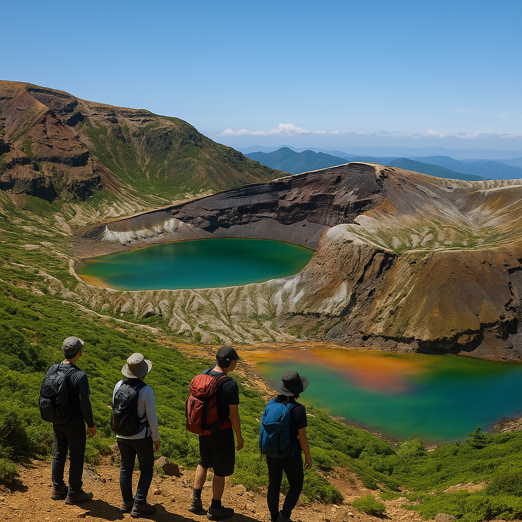 Vue du lac cratère coloré du mont Zao, entouré de randonneurs et de paysages montagneux.