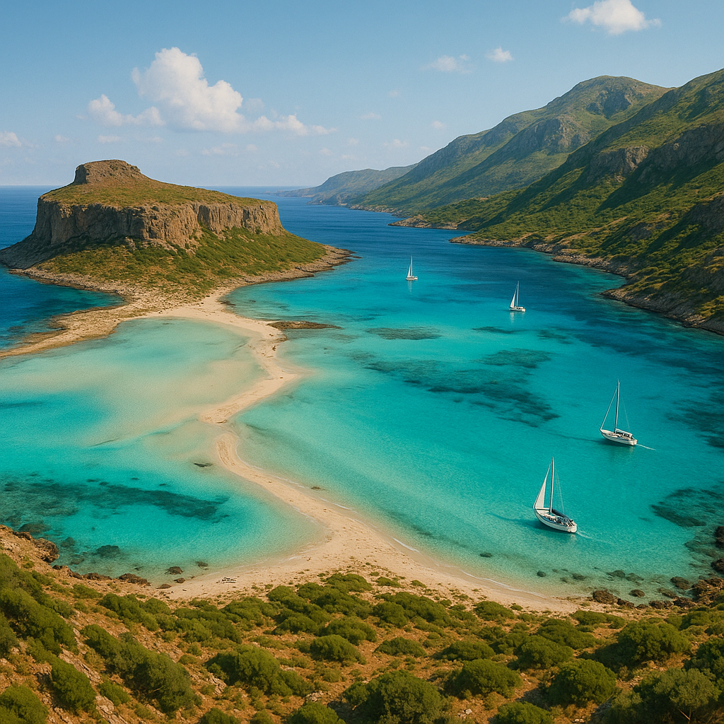 Panorama du Lagon de Balos en Crète avec eaux turquoise et montagnes