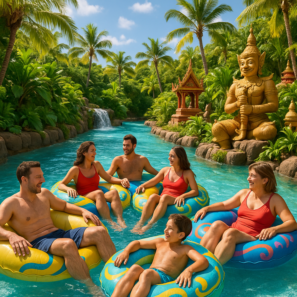Visiteurs profitant de la Lazy River à Siam Park sous un ciel ensoleillé