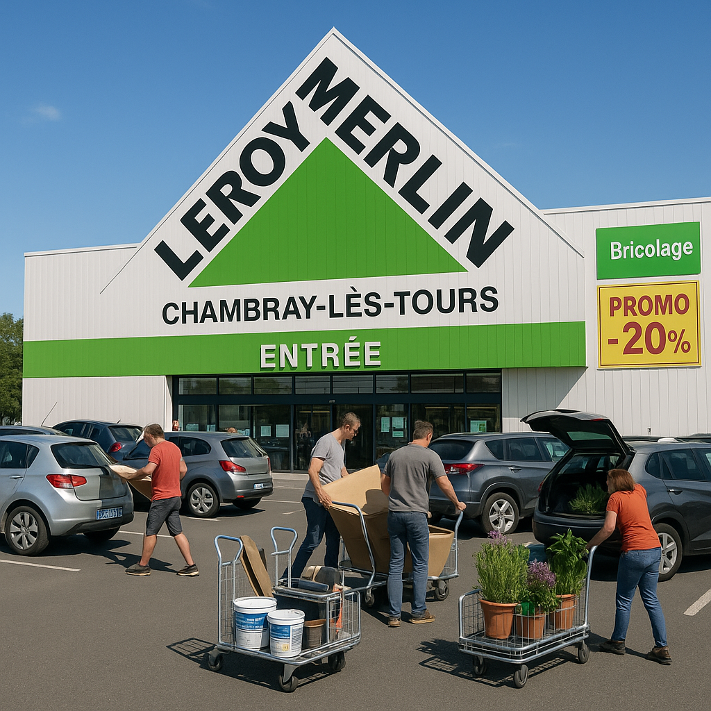 L'extérieur du magasin Leroy Merlin à Chambray-lès-Tours avec des clients et un parking actif.