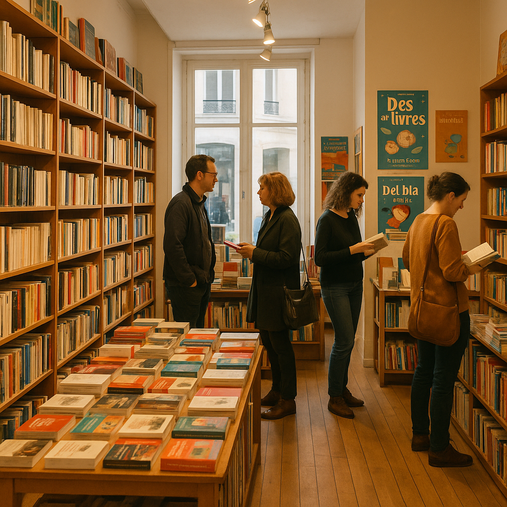Intérieur d'une librairie indépendante à Tours avec des clients feuilletant des livres.