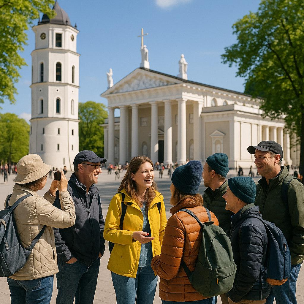 Groupe de touristes discutant et prenant des photos devant un bâtiment historique à Vilnius.