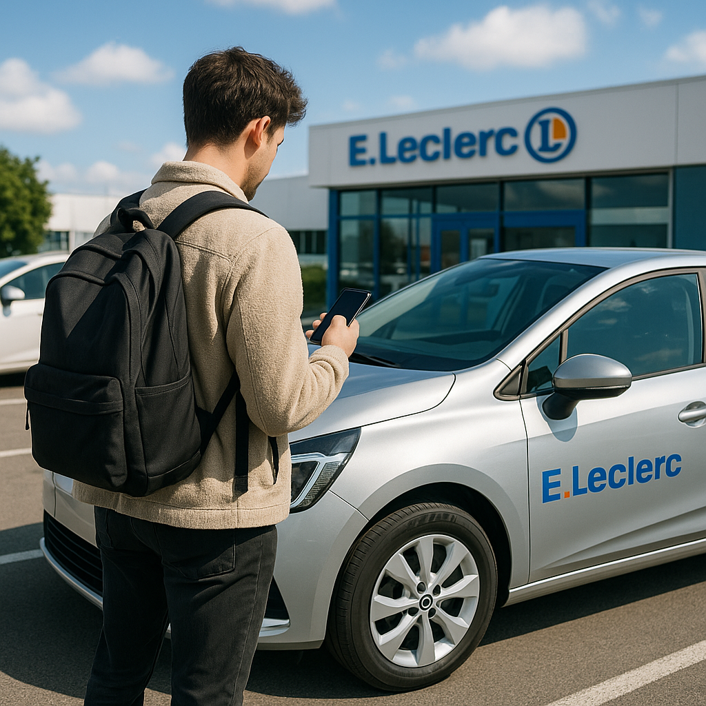 Personne consultant son téléphone devant un véhicule de location E.Leclerc sur un parking.
