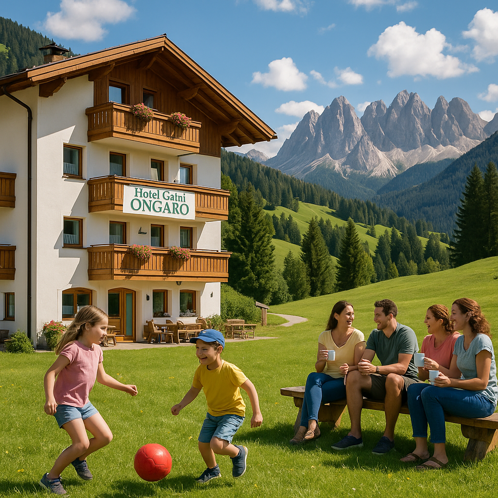 Scène de loisirs en plein air près de l'Hôtel Garni Ongaro avec des familles en montagne.