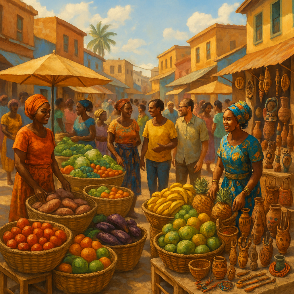 Scène d'un marché africain illustrant la diversité et l'interaction communautaire.