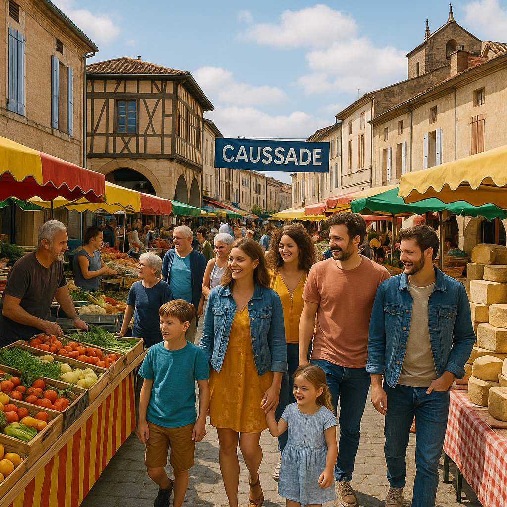 Scène animée au marché de Caussade, avec des visiteurs interagissant et des étals de produits locaux.
