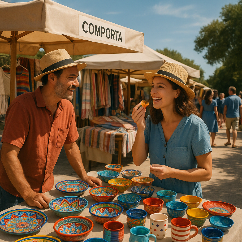 Marché local à Comporta avec artisans et visiteurs goûtant des produits locaux.