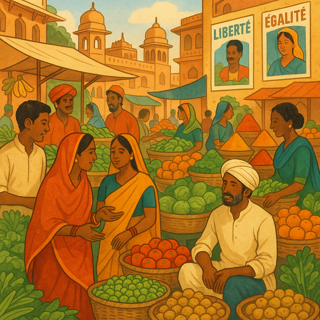 Scène d'un marché animé en Inde avec des vendeurs et des clients de diverses ethnies échangeant des produits frais et épicés.