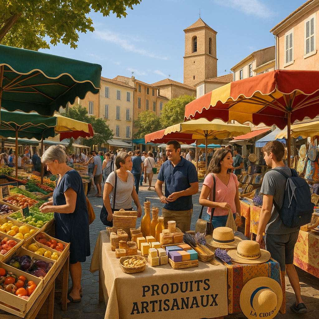 Marché vibrant à La Ciotat avec des étals de fruits et légumes, produits artisanaux et clients flânant.