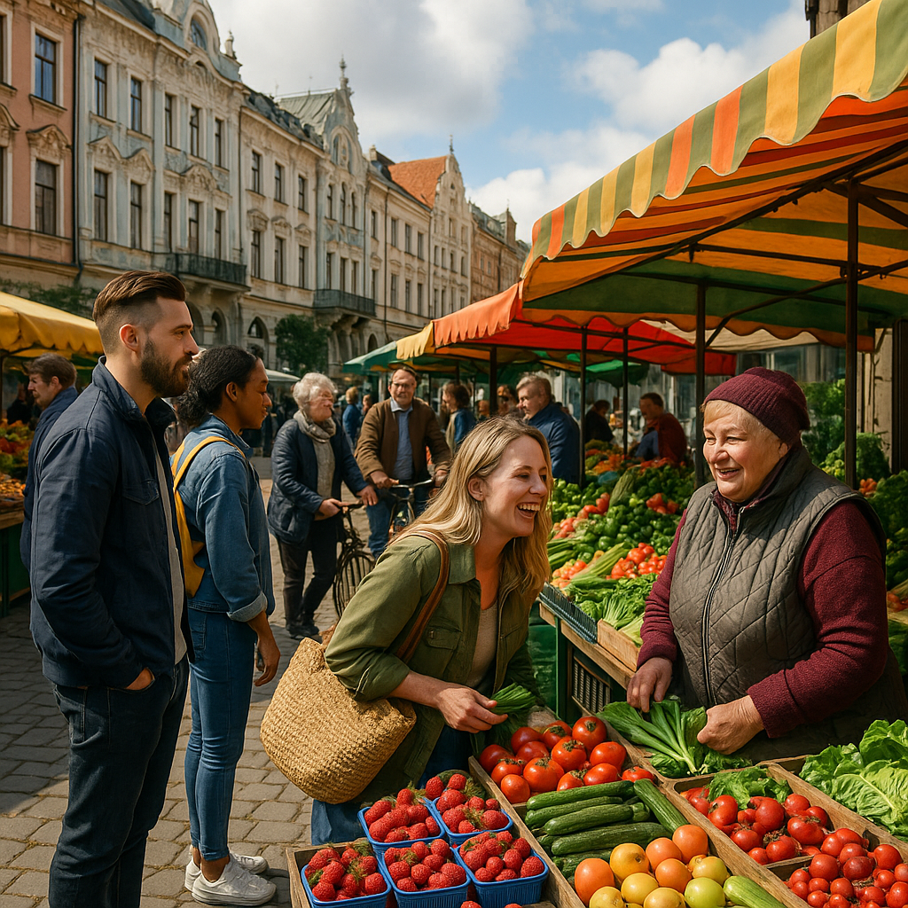 Marché local animé dans les pays baltes avec stands de produits frais et arriÚre-plan architectural.