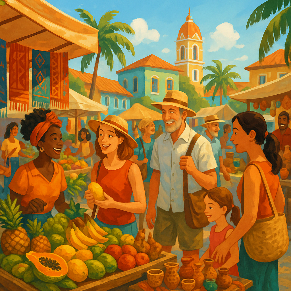 Marché local ensoleillé avec des touristes et des étals colorés de produits tropicaux.