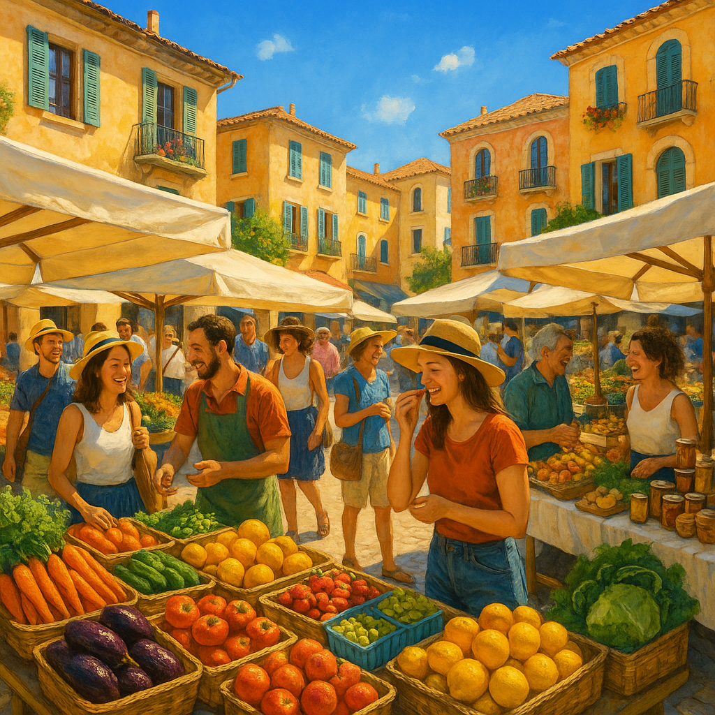 Marché en plein air méditerranéen avec des produits frais et des touristes.