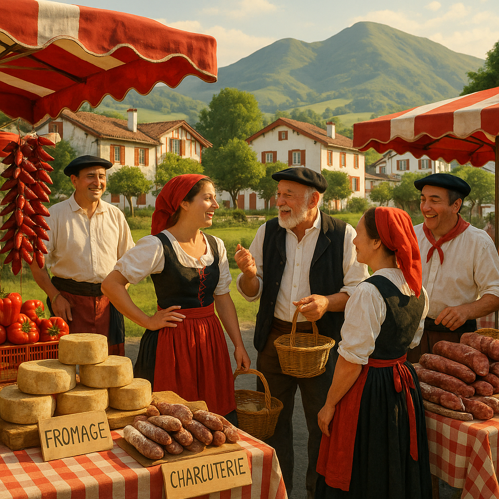 Marché au Pays Basque avec produits locaux et habitants en tenues traditionnelles