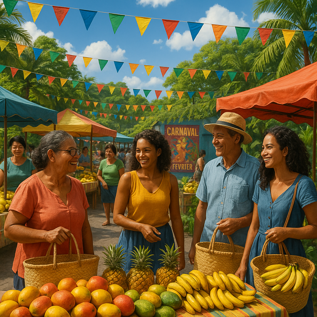 Marché local à La Réunion en février, avec étals de fruits tropicaux et ambiance festive.