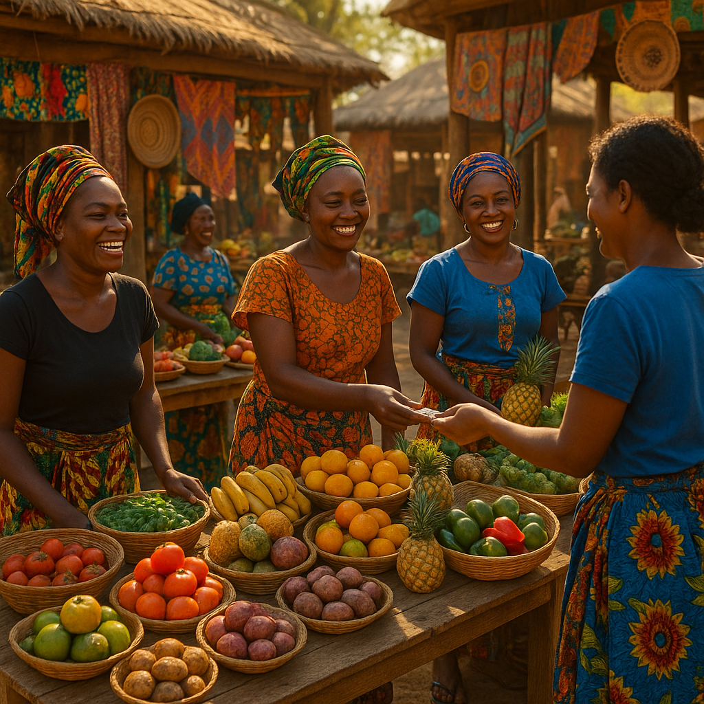 Scène d'un marché traditionnel en Zambie avec des produits locaux et des vendeurs
